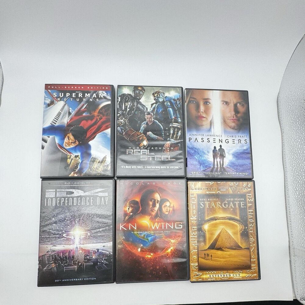 Lot 6 DVDs Sci-Fi Superman Independence Day Stargate Passengers Real Steel Cage